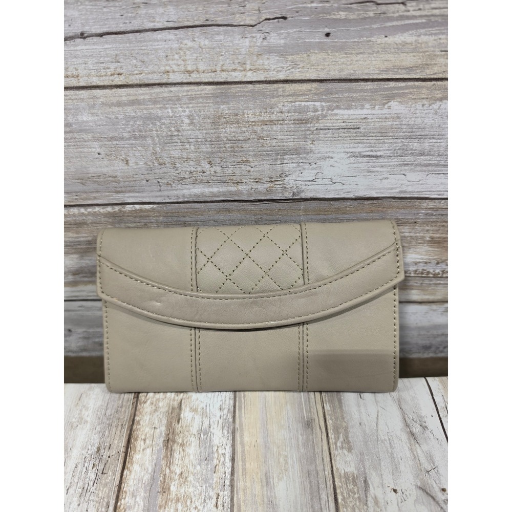 Bravia Genuine Leather Quilted Clutch Wallet Beige Kiss Lock Checkbook Organizer